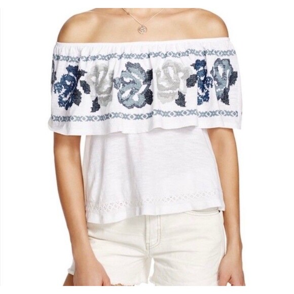 Free People To The Left Blouse Off Shoulder Ruffle Embroidered Ivory Blue Sz XS - Picture 2 of 12